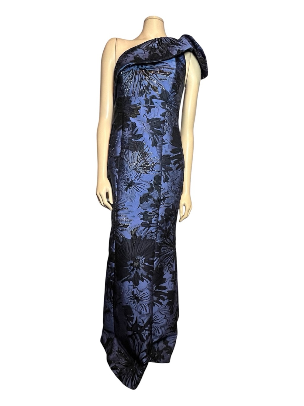 Donna Karan One-Shoulder Floral Jacquard Gown in midnight blue